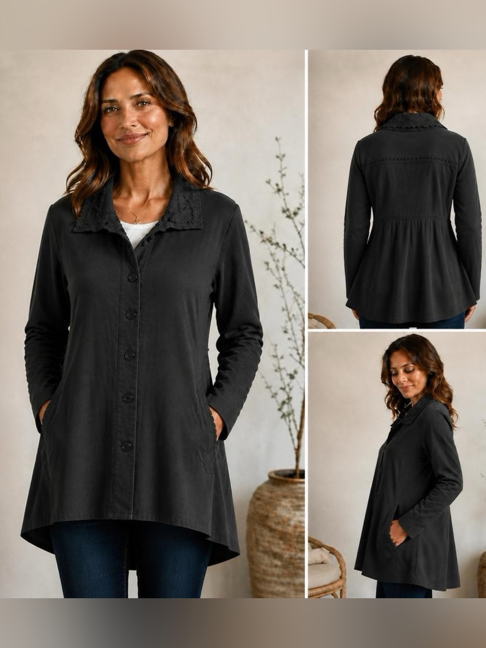 Women's Gretty Zueger Charcoal Grey Button-Front Long-Sleeve Tunic Jacket
